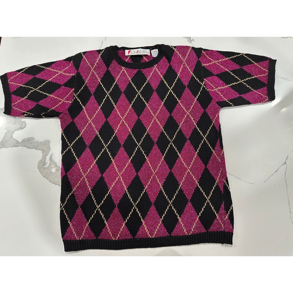 VTG Chaus Argyle Sweater Top Metallic Knit Short Sleeve Pink Black L
